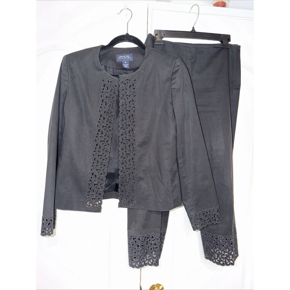 Jones New York Signature 2 pc Black Jacket & Crop Pants Eyelet Lace Open Sz 6